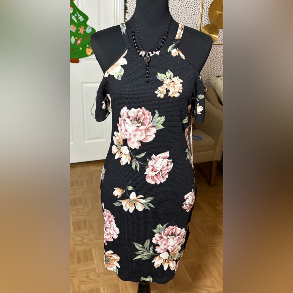 Iris Black Dress with Pink and Cream Floral Design
